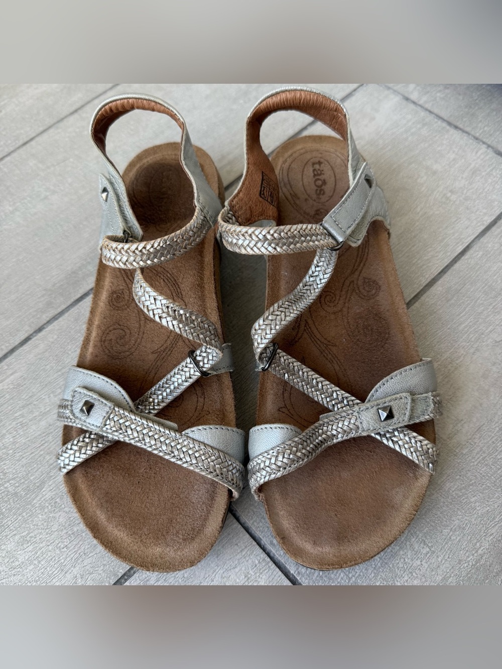 Taos Trulie Braided Rope Silver Gray Leather Sandals Sz 7-7.5 Women’s
